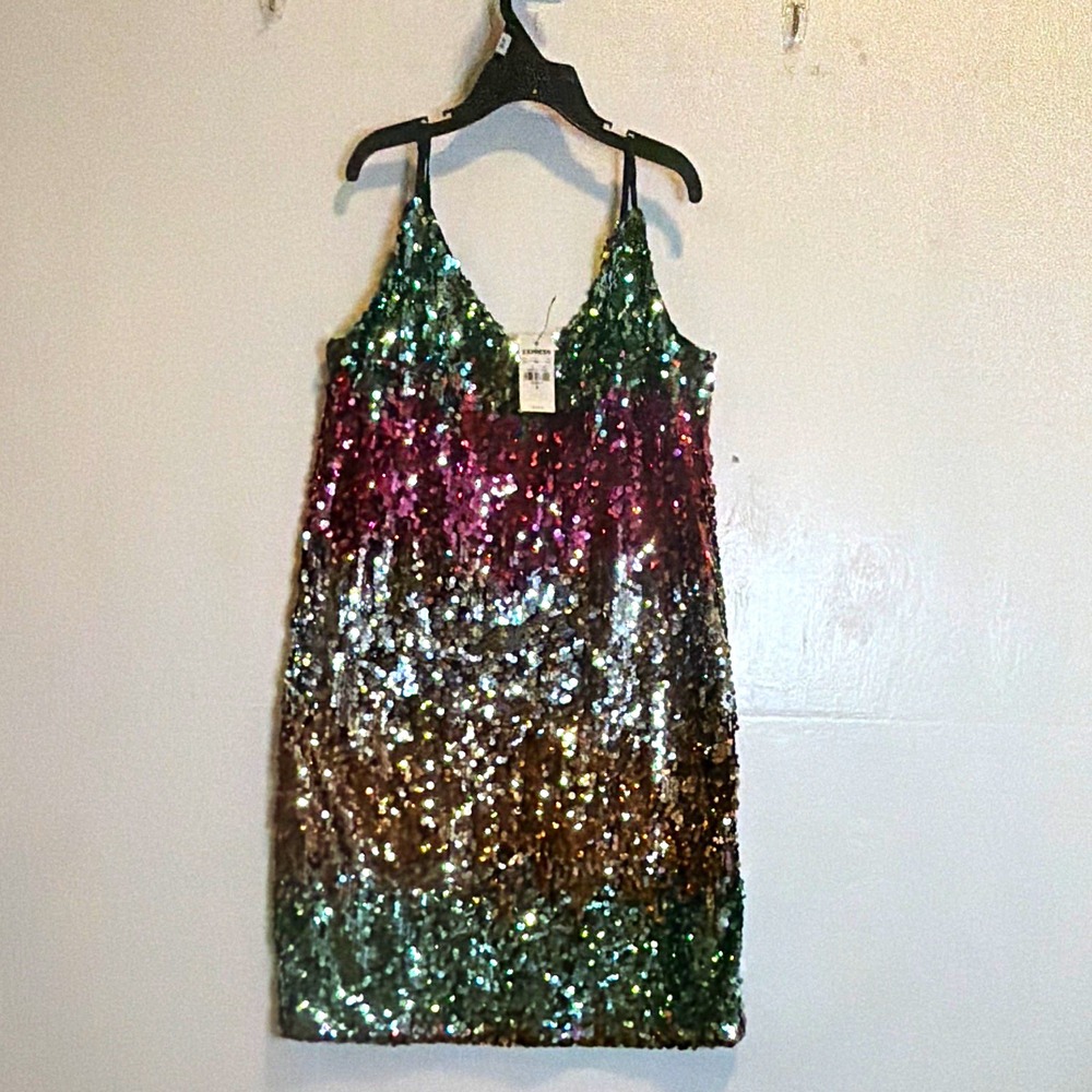 Express Sequin Colorblock Slip Mini Dress V-Neck Strappy Sleeveless Sz S